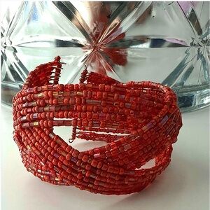 Vintage 90s Burnt Orange Glass Seed Bead Cuff Bracelet - Iridescent AB Finish